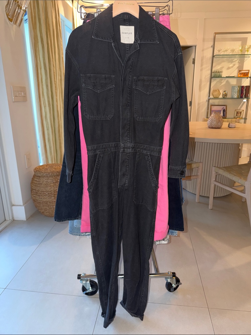Surplus Black Denim Jumpsuit Overalls with Pink Panels - Women
